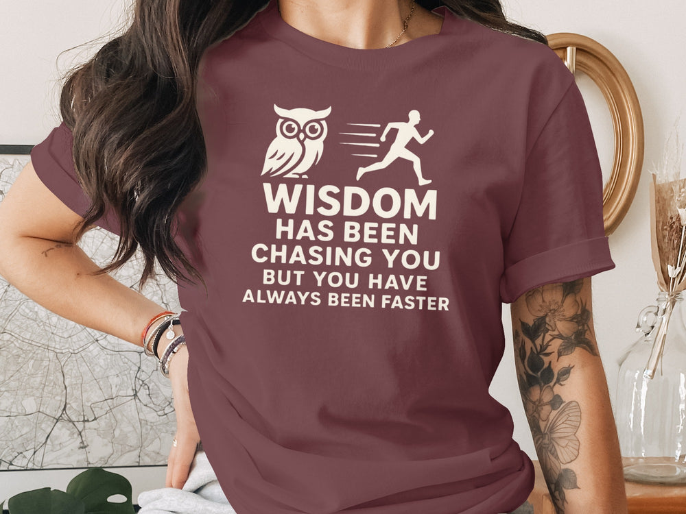 funny wisdom t-shirt with owl and runner quote, women’s graphic tee