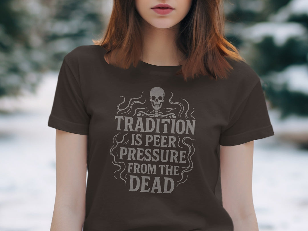 tradition is peer pressure t-shirt with skull and smoke design, women’s graphic tee