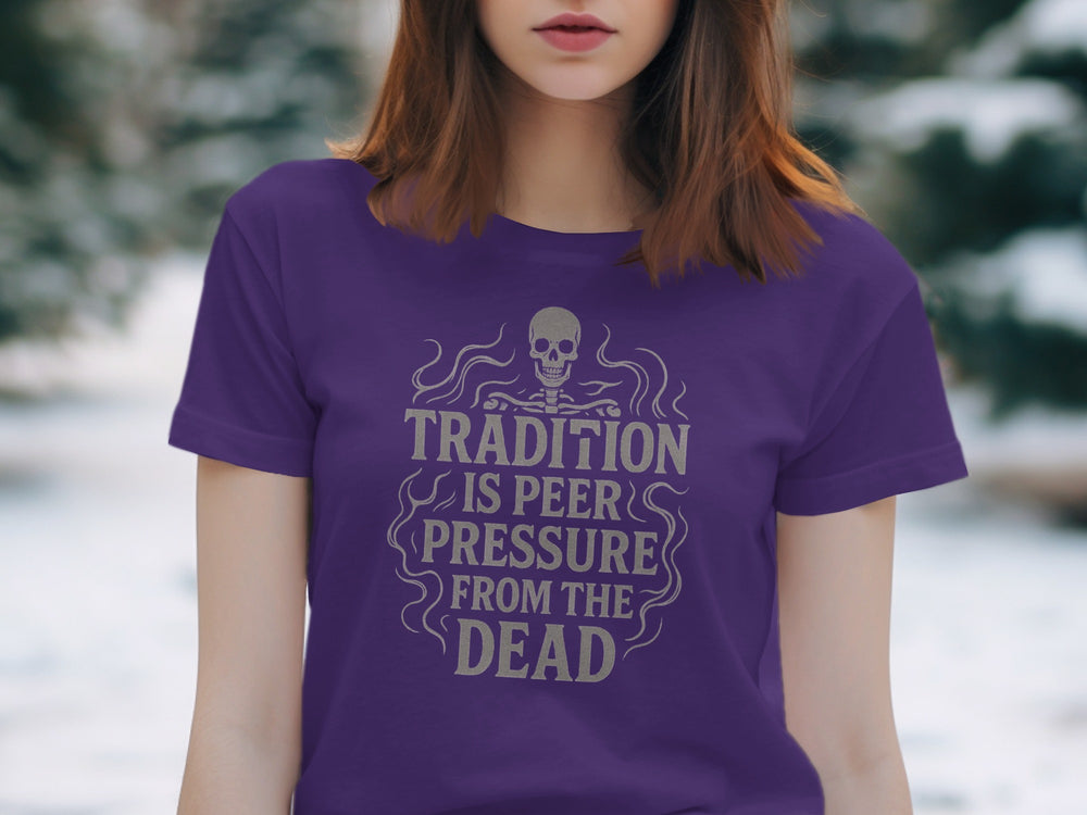 tradition is peer pressure t-shirt with skull and smoke design, women’s graphic tee
