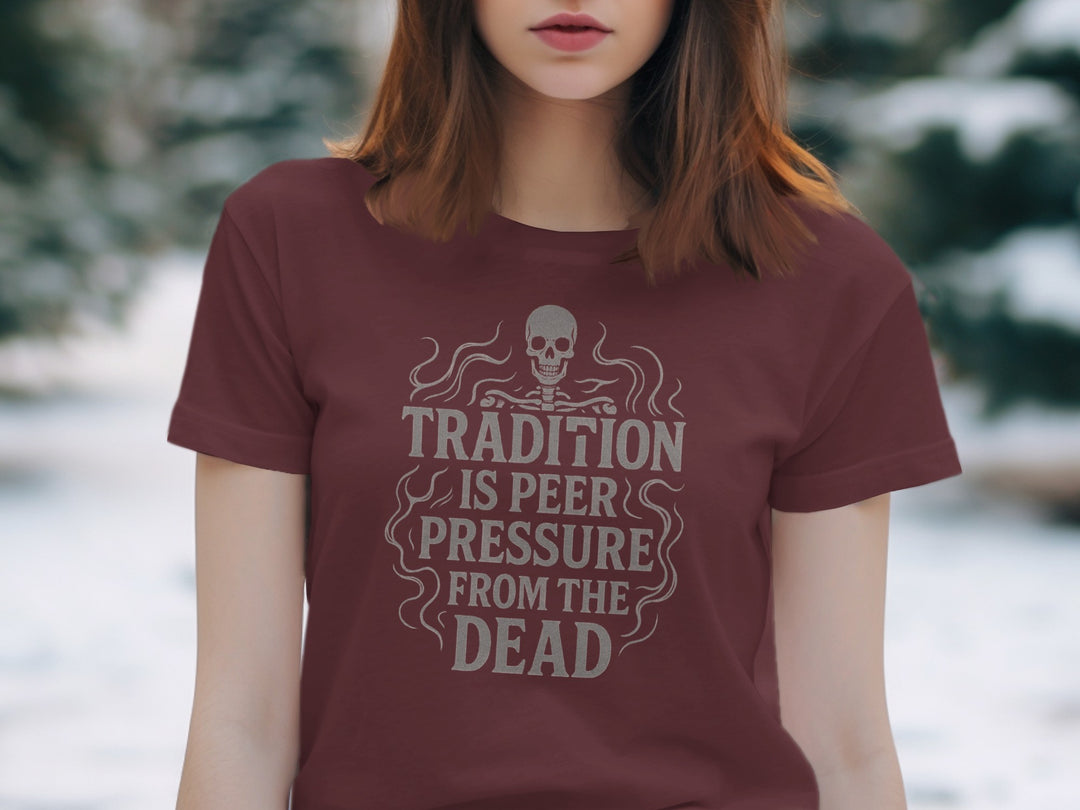 tradition is peer pressure t-shirt with skull and smoke design, women’s graphic tee