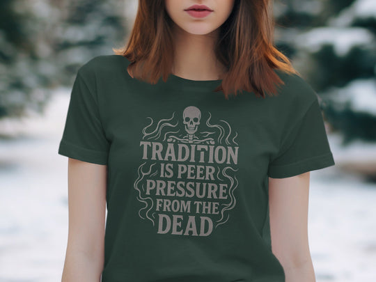 tradition is peer pressure t-shirt with skull and smoke design, women’s graphic tee