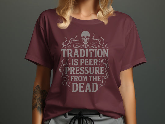 tradition is peer pressure t-shirt with skull and smoke design, women’s graphic tee