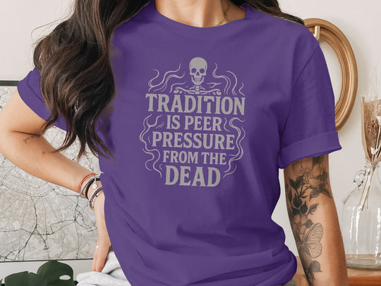 tradition is peer pressure t-shirt with skull and smoke design, women’s graphic tee