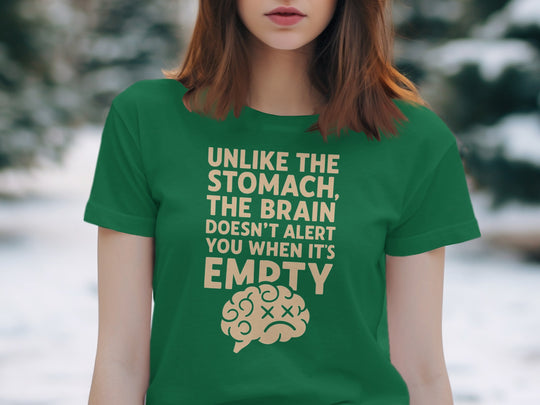 funny brain t-shirt with “brain doesn’t alert when empty” design, women’s tee