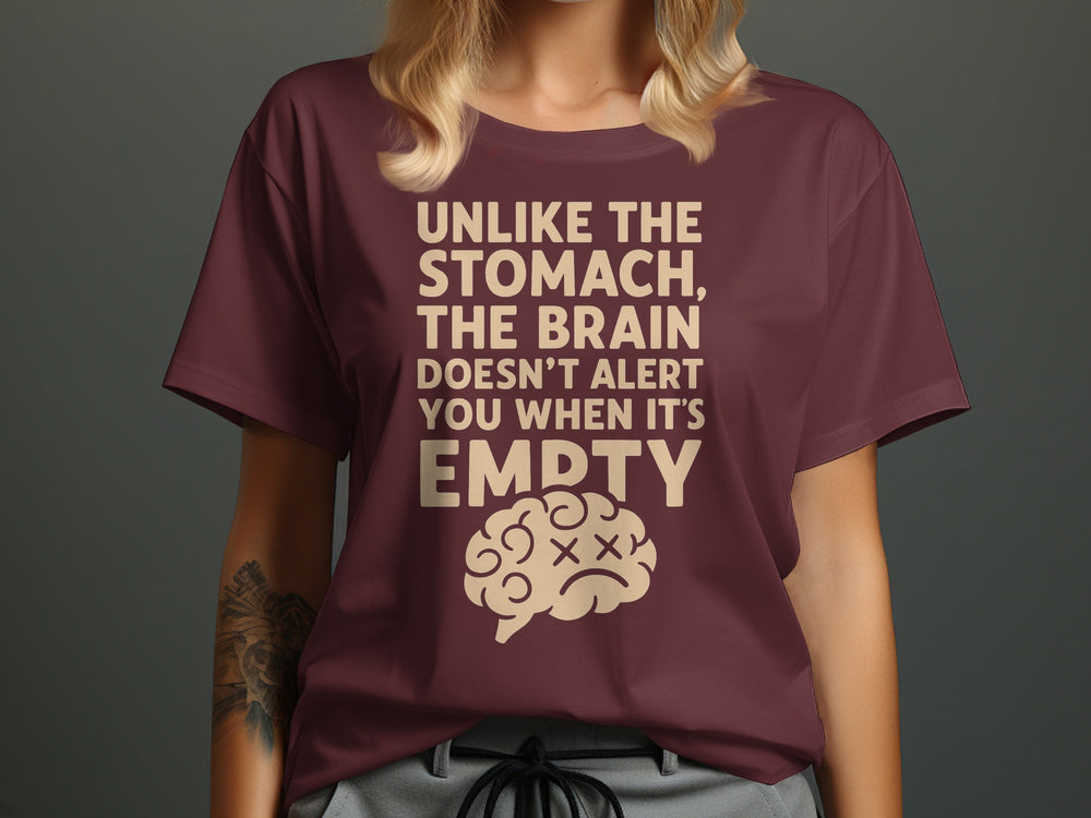 funny brain t-shirt with “brain doesn’t alert when empty” design, women’s tee