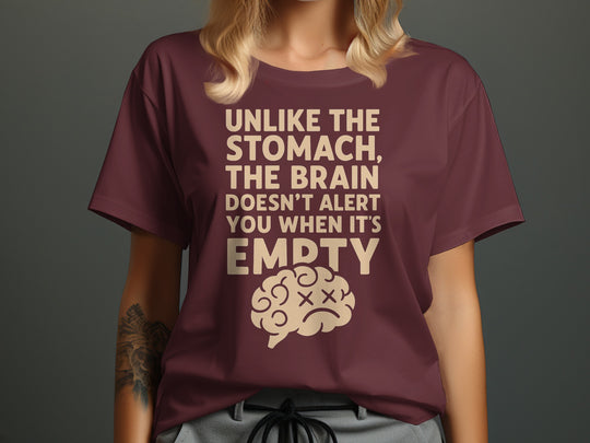 funny brain t-shirt with “brain doesn’t alert when empty” design, women’s tee