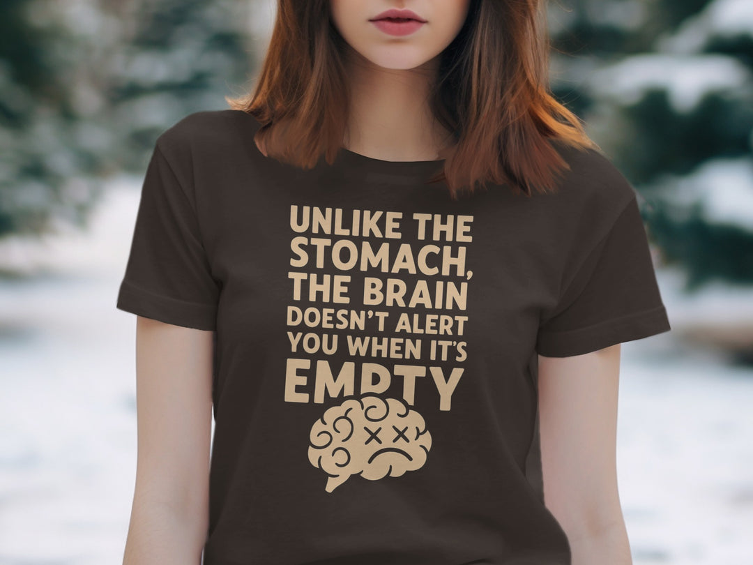 funny brain t-shirt with “brain doesn’t alert when empty” design, women’s tee