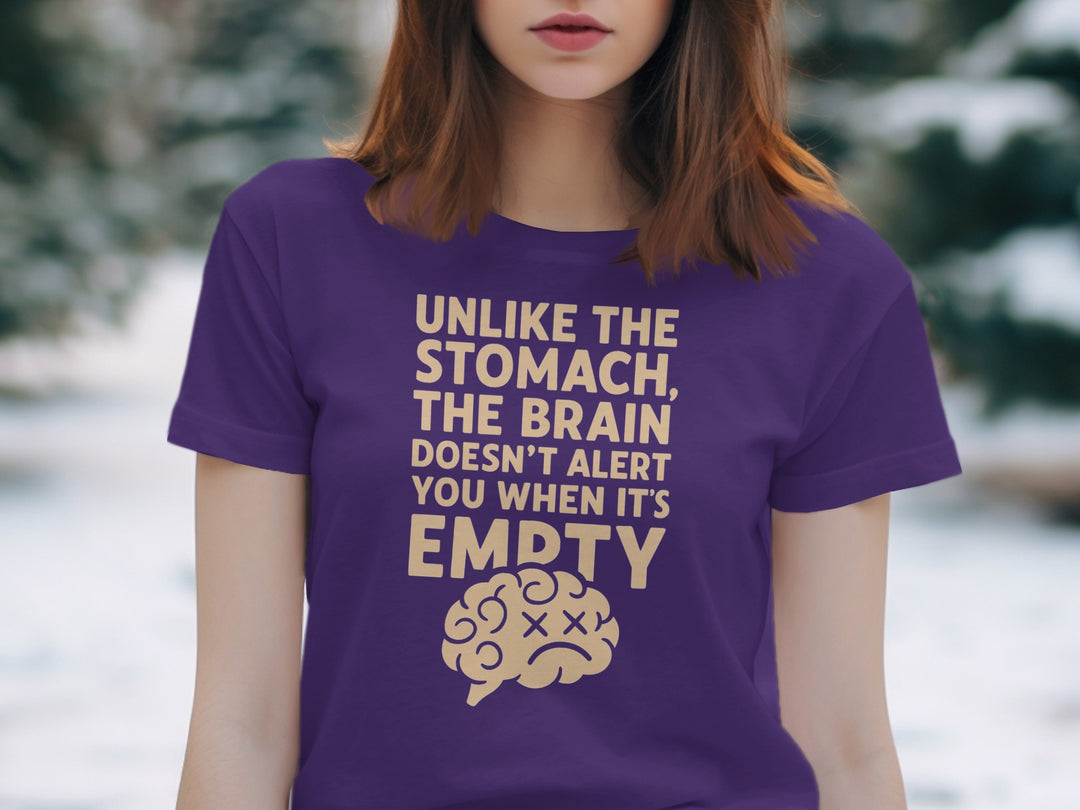funny brain t-shirt with “brain doesn’t alert when empty” design, women’s tee