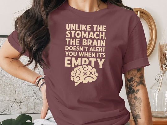 funny brain t-shirt with “brain doesn’t alert when empty” design, women’s tee