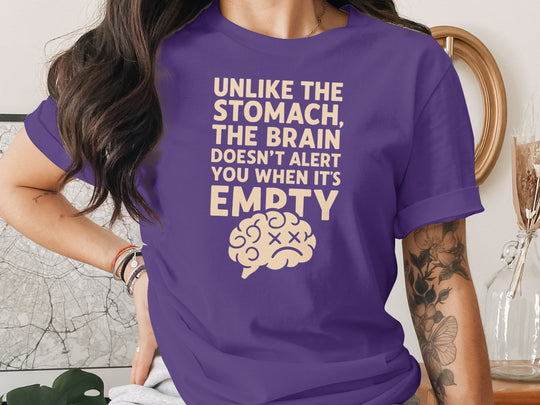 funny brain t-shirt with “brain doesn’t alert when empty” design, women’s tee