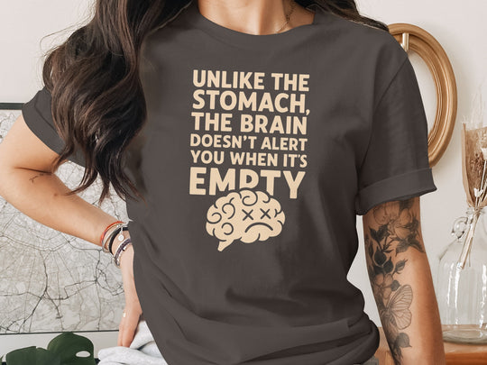 funny brain t-shirt with “brain doesn’t alert when empty” design, women’s tee