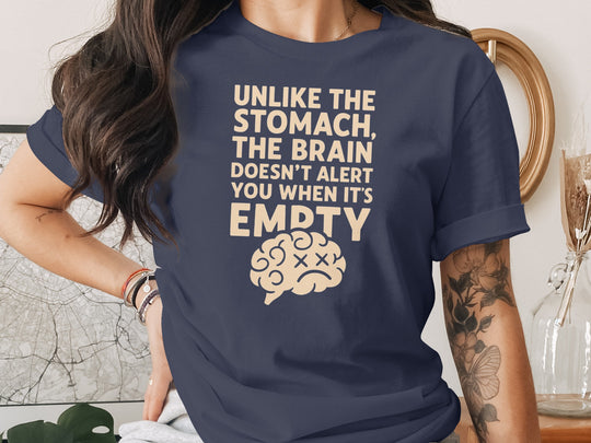 funny brain t-shirt with “brain doesn’t alert when empty” design, women’s tee