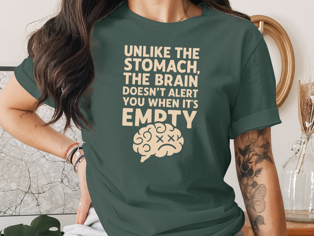 funny brain t-shirt with “brain doesn’t alert when empty” design, women’s tee