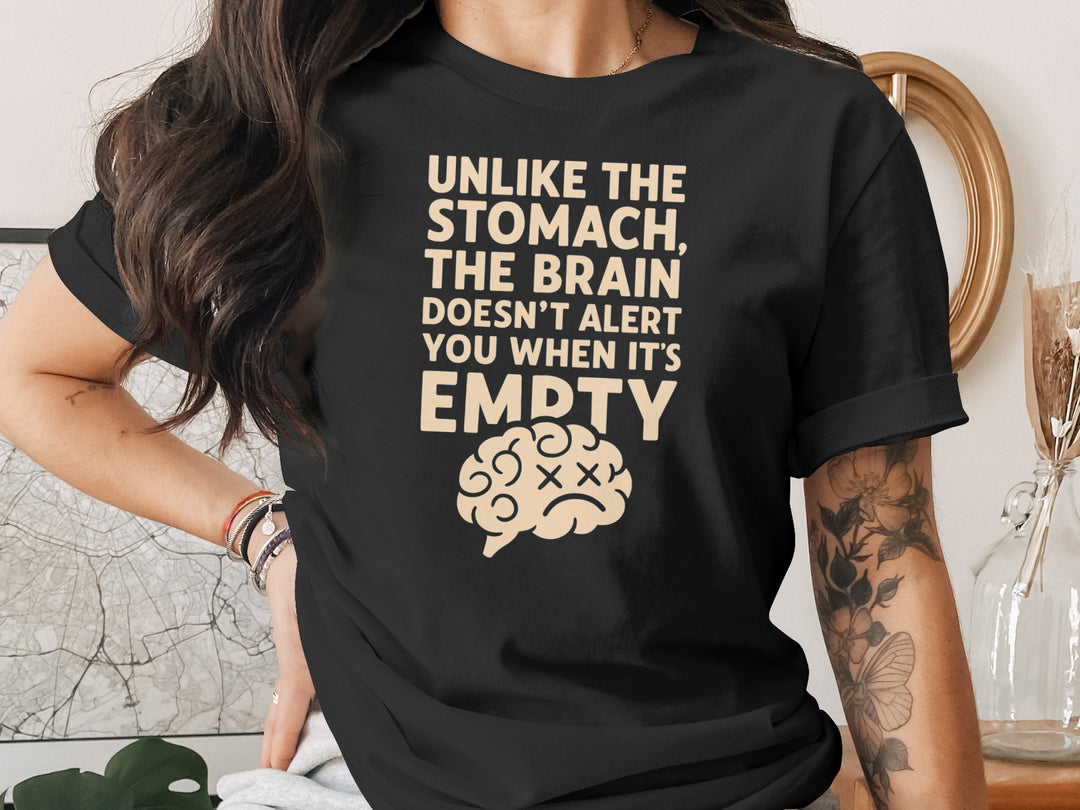 funny brain t-shirt with “brain doesn’t alert when empty” design, women’s tee