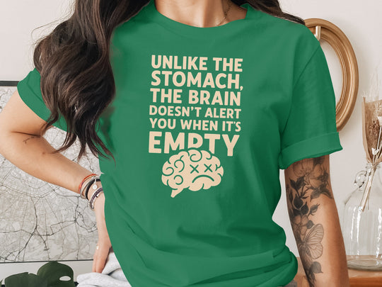 funny brain t-shirt with “brain doesn’t alert when empty” design, women’s tee