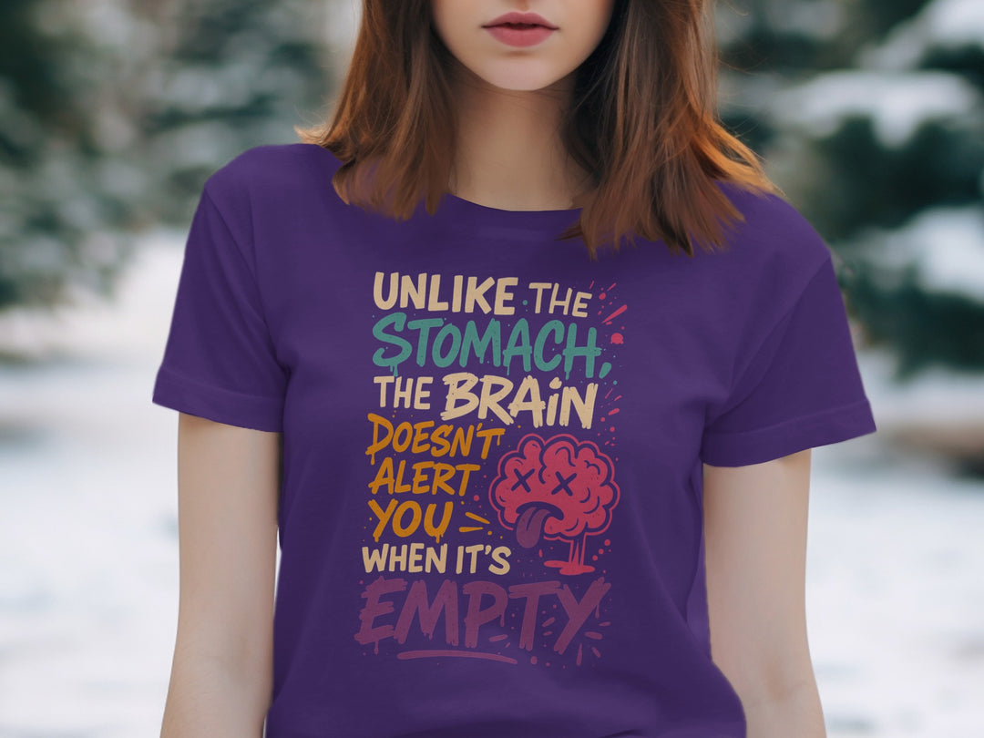 funny brain t-shirt with “brain doesn’t alert when empty” quote, women’s graphic tee