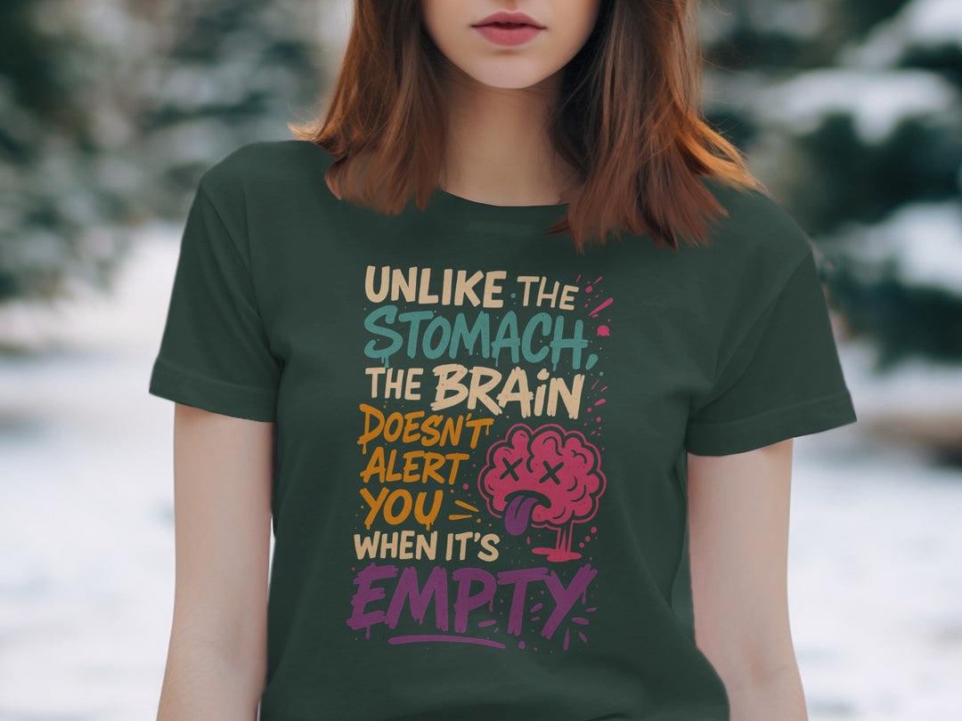funny brain t-shirt with “brain doesn’t alert when empty” quote, women’s graphic tee