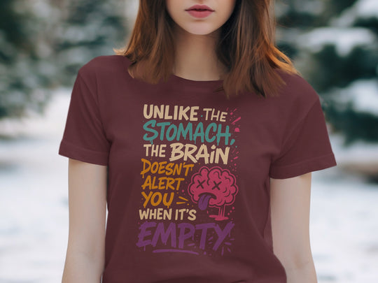 funny brain t-shirt with “brain doesn’t alert when empty” quote, women’s graphic tee