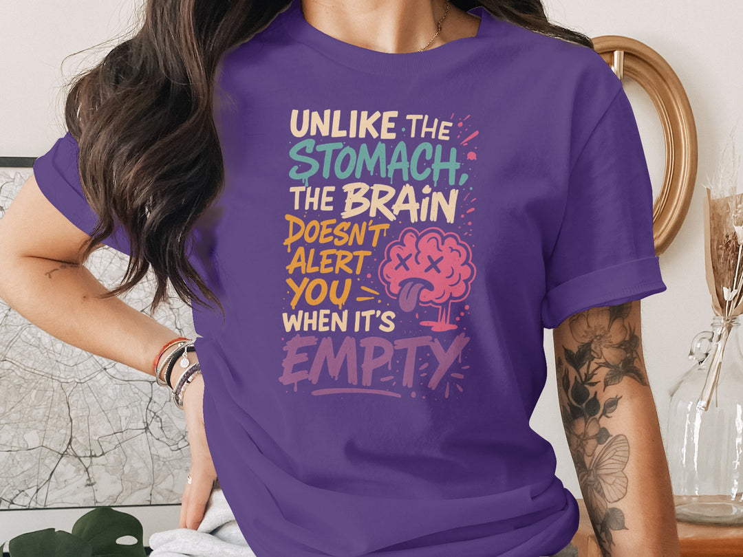 funny brain t-shirt with “brain doesn’t alert when empty” quote, women’s graphic tee