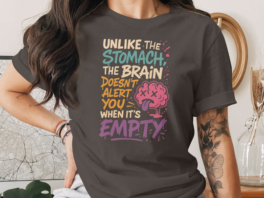 funny brain t-shirt with “brain doesn’t alert when empty” quote, women’s graphic tee
