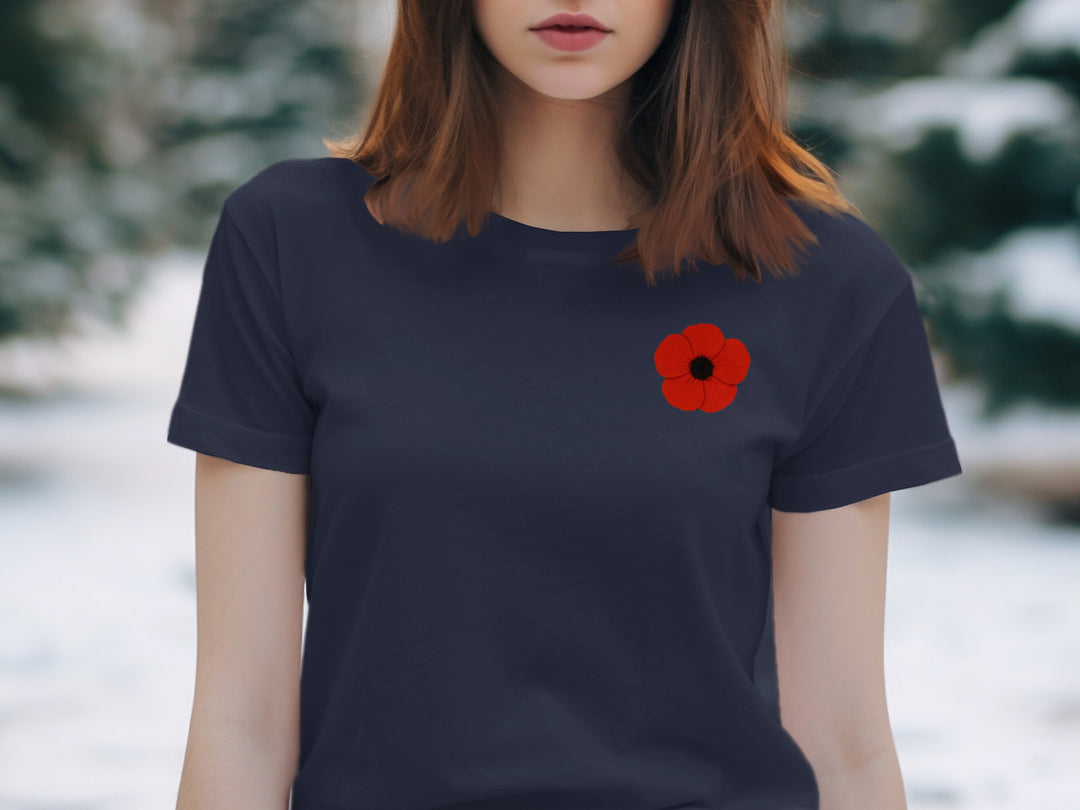 women’s remembrance day t-shirt with single red poppy graphic