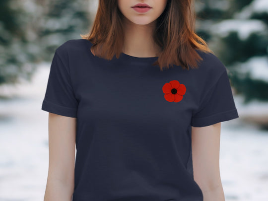 women’s remembrance day t-shirt with single red poppy graphic