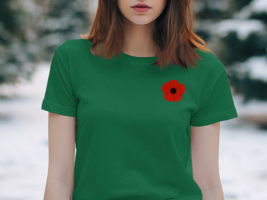 women’s remembrance day t-shirt with single red poppy graphic