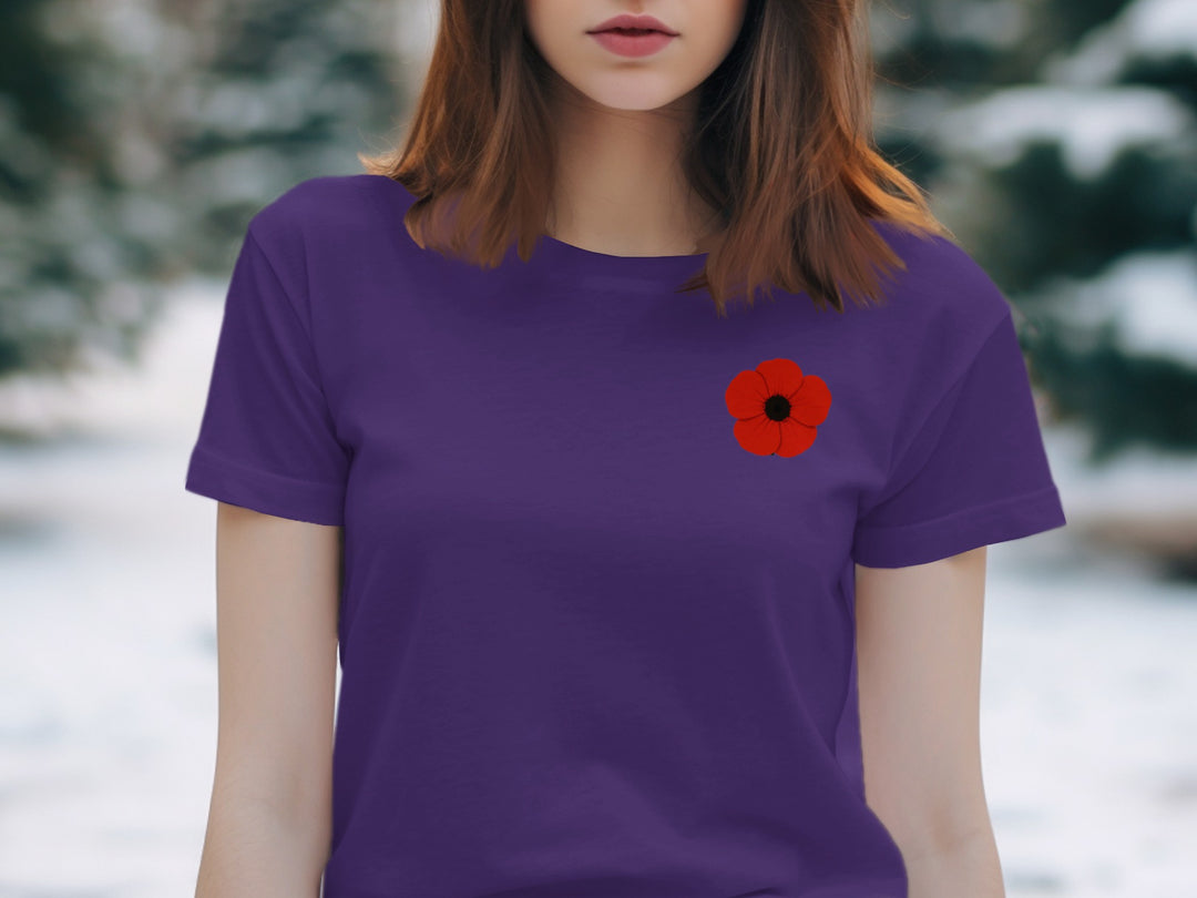 women’s remembrance day t-shirt with single red poppy graphic