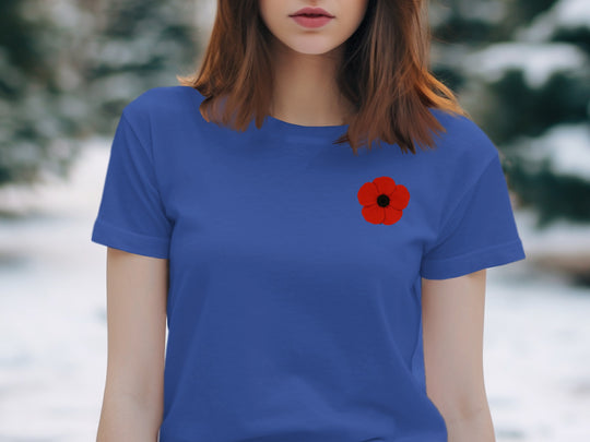 women’s remembrance day t-shirt with single red poppy graphic