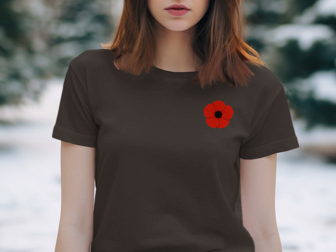 women’s remembrance day t-shirt with single red poppy graphic