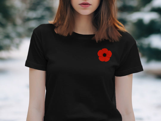 women’s remembrance day t-shirt with single red poppy graphic