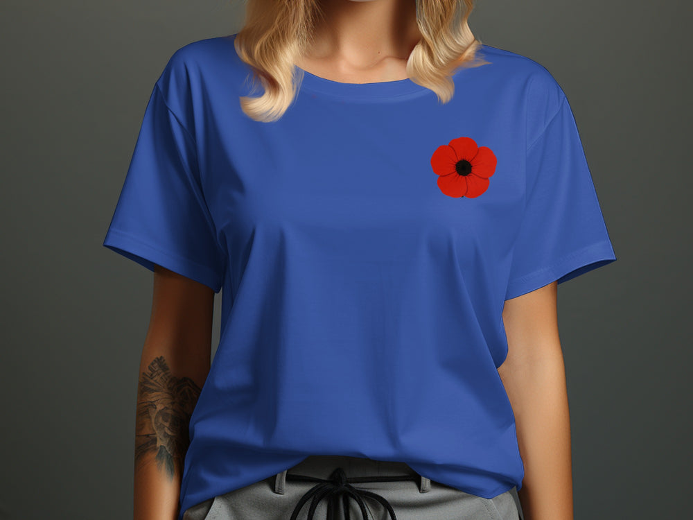 women’s remembrance day t-shirt with single red poppy graphic