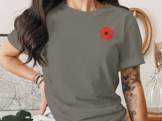 women’s remembrance day t-shirt with single red poppy graphic