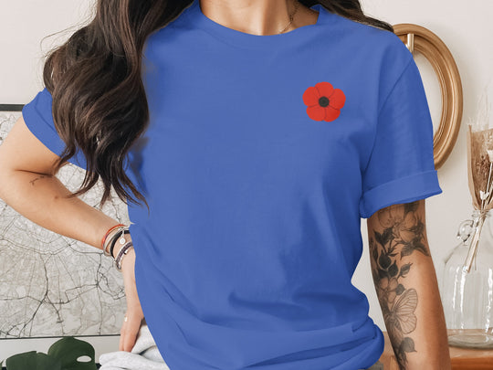 women’s remembrance day t-shirt with single red poppy graphic