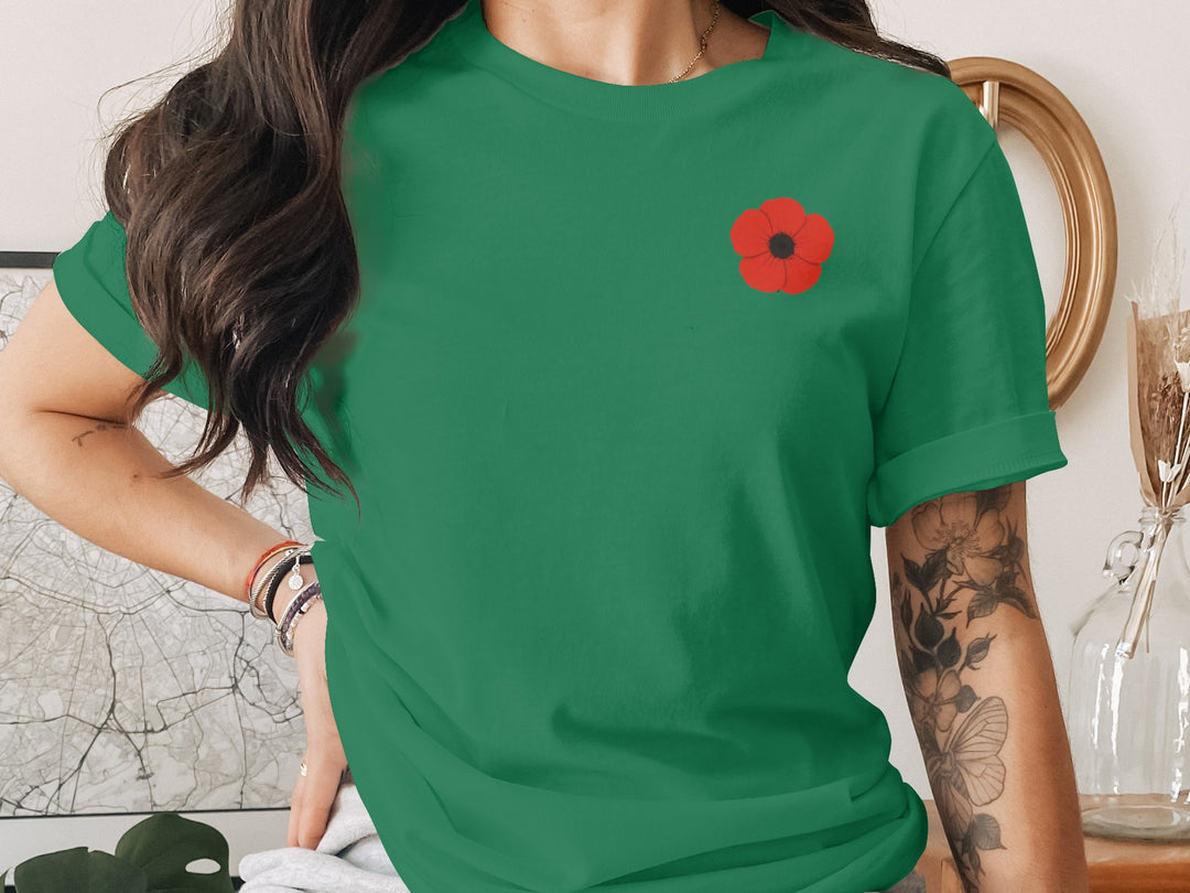 women’s remembrance day t-shirt with single red poppy graphic