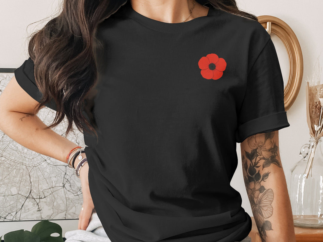 women’s remembrance day t-shirt with single red poppy graphic
