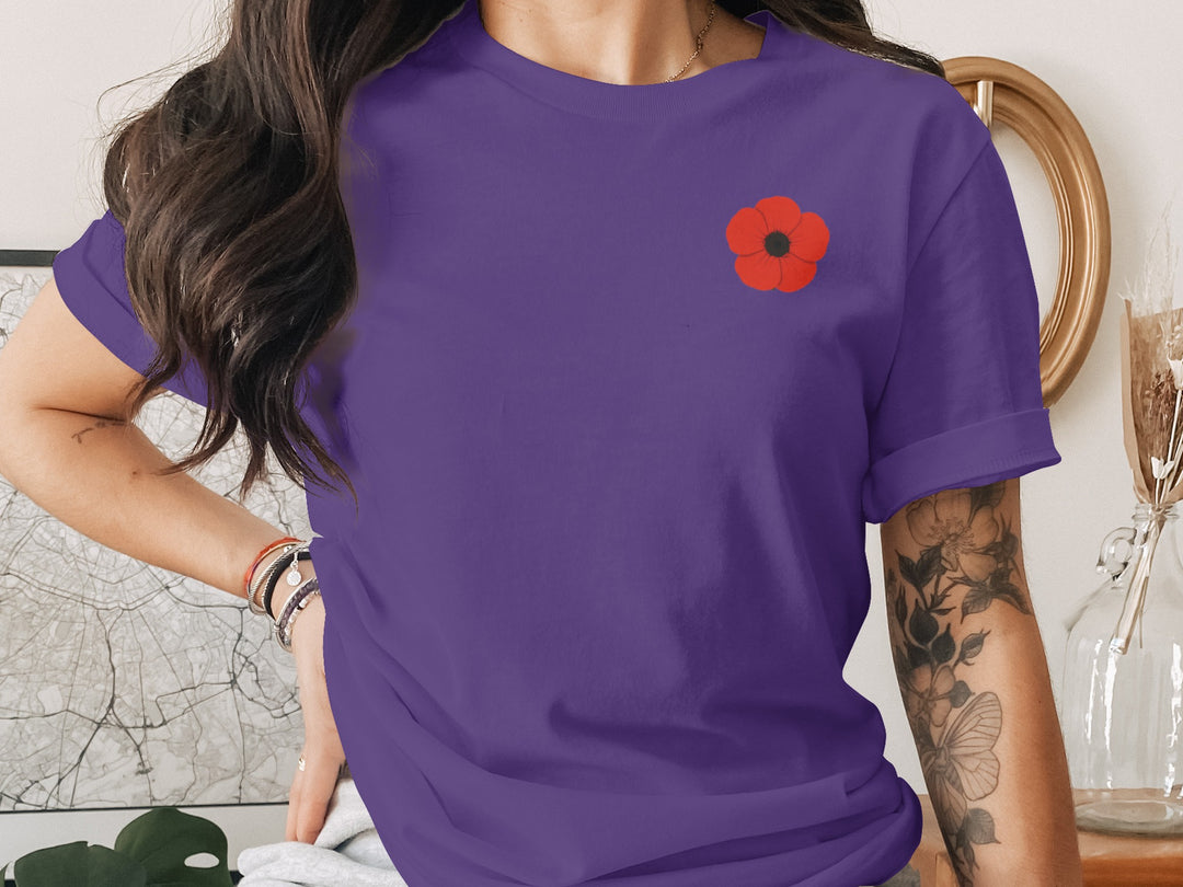 women’s remembrance day t-shirt with single red poppy graphic