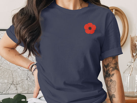 women’s remembrance day t-shirt with single red poppy graphic