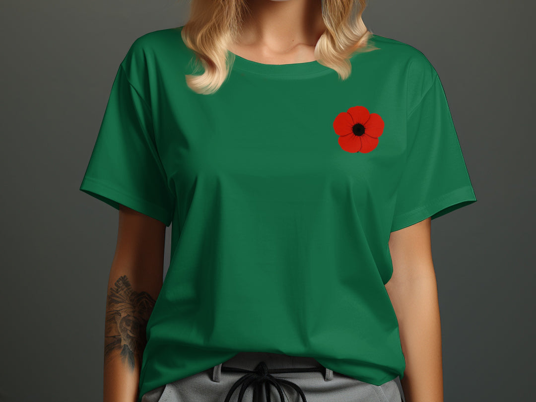 women’s remembrance day t-shirt with single red poppy graphic
