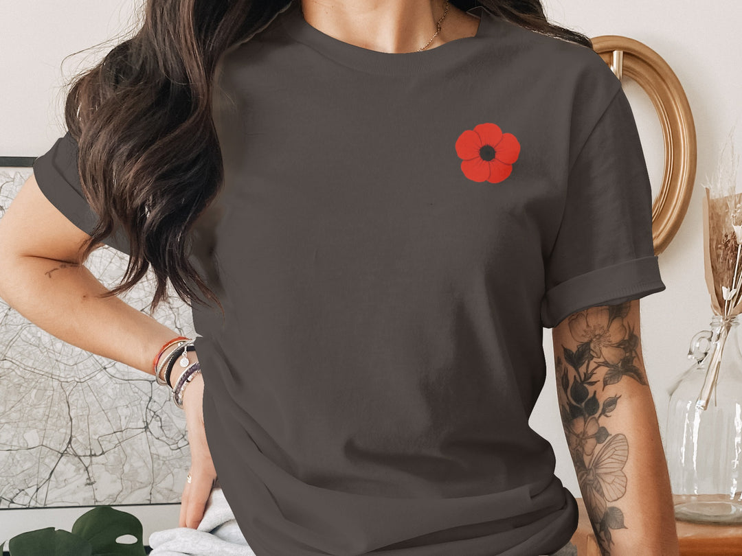 women’s remembrance day t-shirt with single red poppy graphic