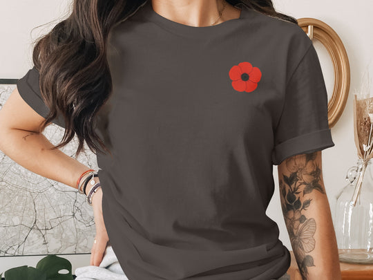 women’s remembrance day t-shirt with single red poppy graphic
