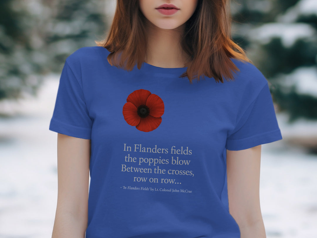 women’s remembrance day t-shirt with red poppy and flanders verse