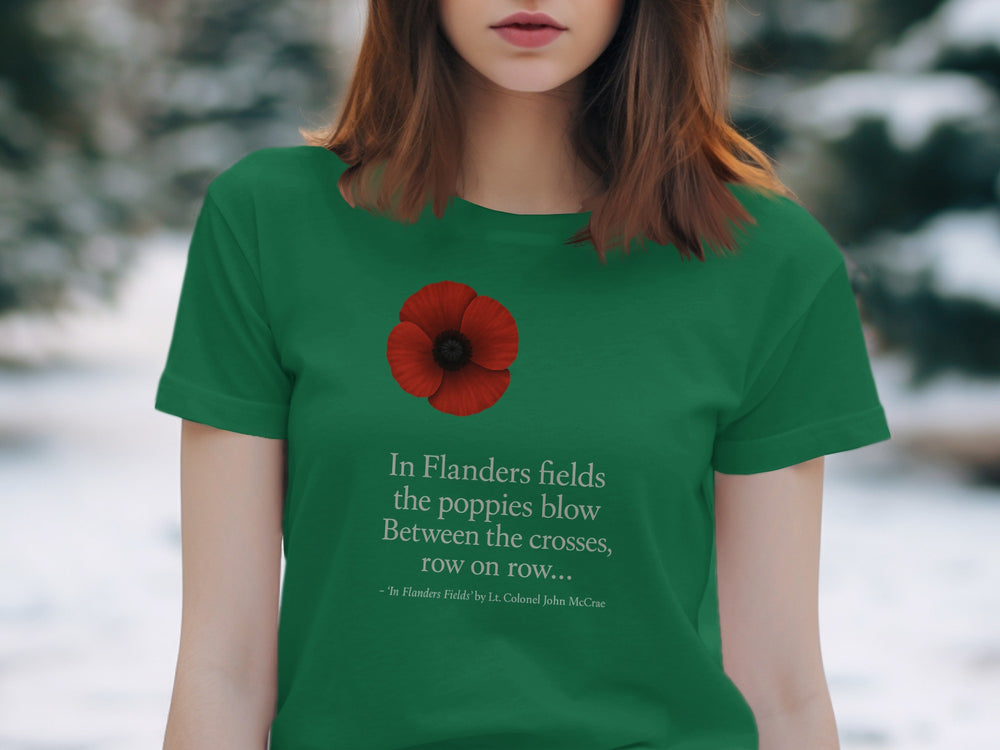 women’s remembrance day t-shirt with red poppy and flanders verse