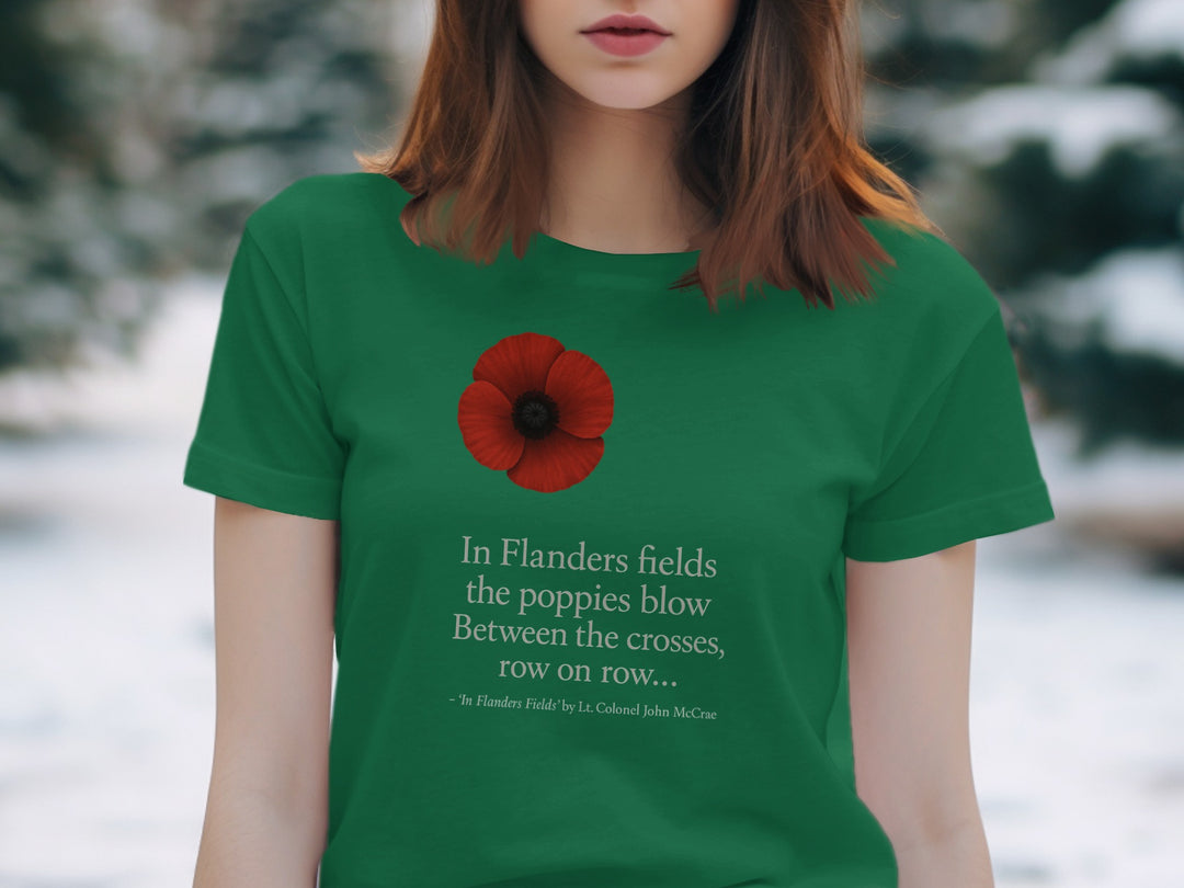women’s remembrance day t-shirt with red poppy and flanders verse