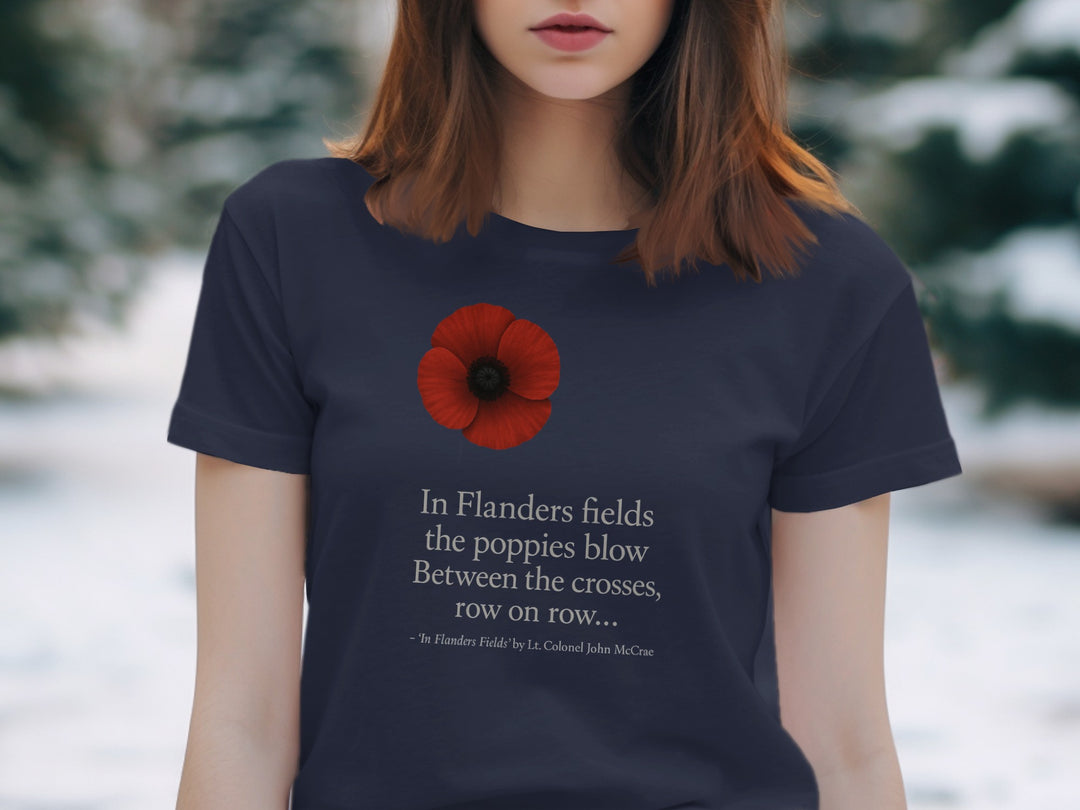 women’s remembrance day t-shirt with red poppy and flanders verse