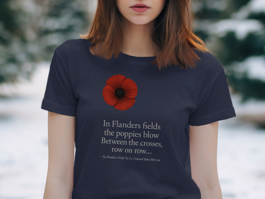 women’s remembrance day t-shirt with red poppy and flanders verse