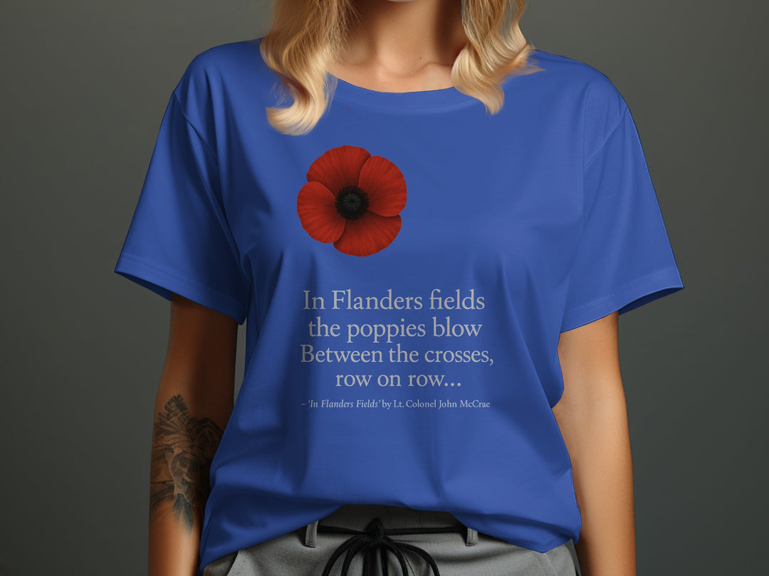 women’s remembrance day t-shirt with red poppy and flanders verse