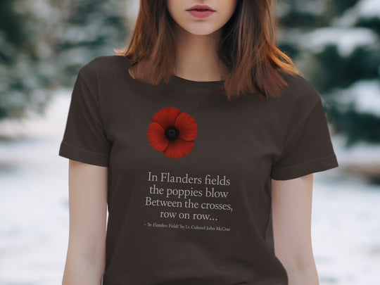 women’s remembrance day t-shirt with red poppy and flanders verse
