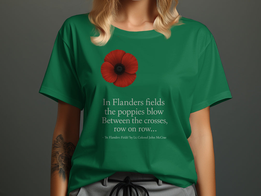 women’s remembrance day t-shirt with red poppy and flanders verse