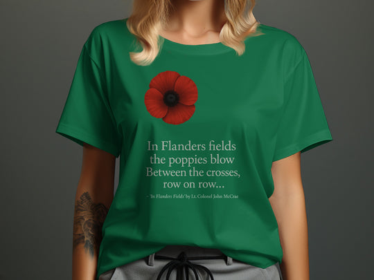 women’s remembrance day t-shirt with red poppy and flanders verse